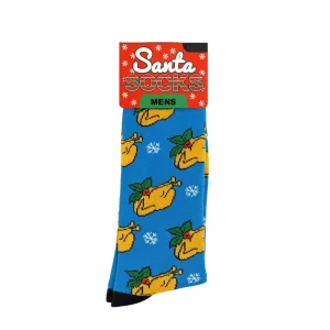 Heren Kerstsokken – Blauw – One Size 39-46 – Santa Socks – Kalkoen & Sneeuwvlokken – Comfortabel