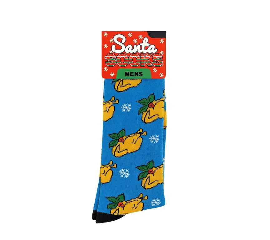 Heren Kerstsokken – Blauw – One Size 39-46 – Santa Socks – Kalkoen & Sneeuwvlokken – Comfortabel - Afbeelding 2